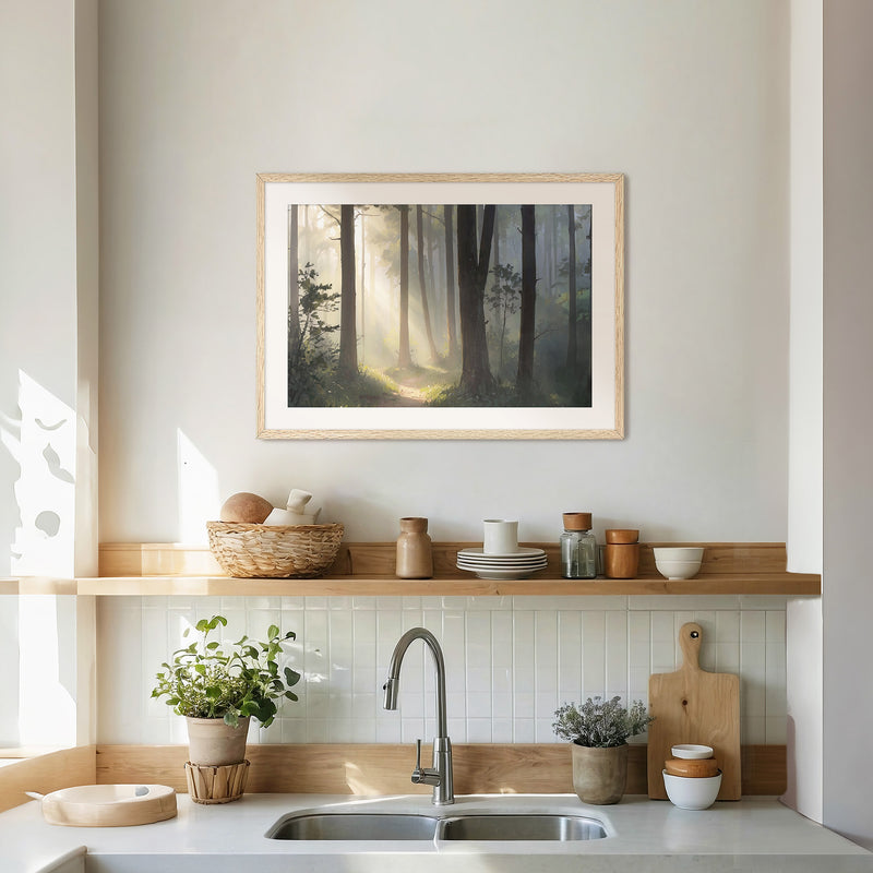 Sunlight Through a Misty Forest No2 - Sage and Rose Prints