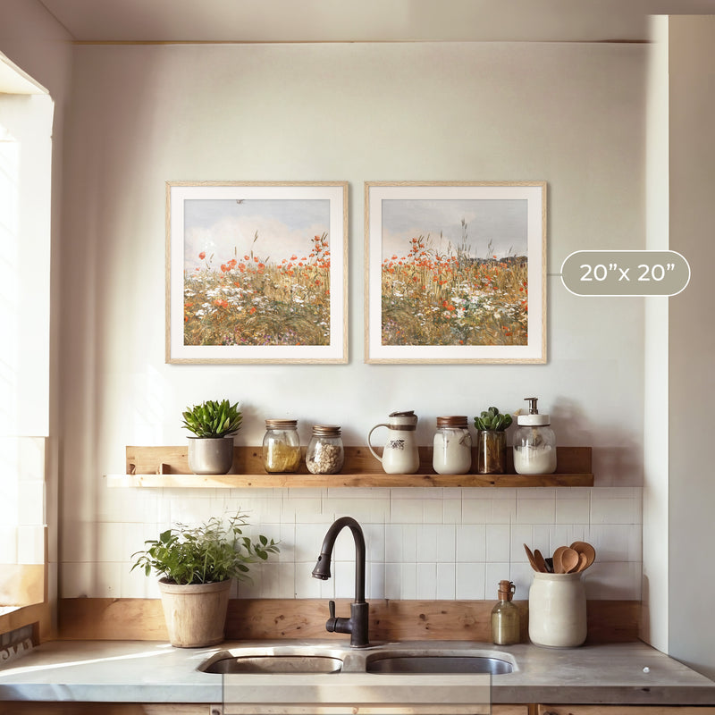Poppies Spring Bloom Impressionist Painting 2 Piece Set - Sage and Rose Prints