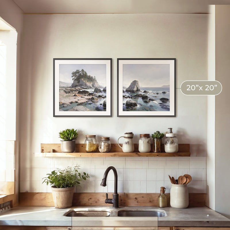 Rocky Beach Painting 2-Panel Art Set - Sage and Rose Prints