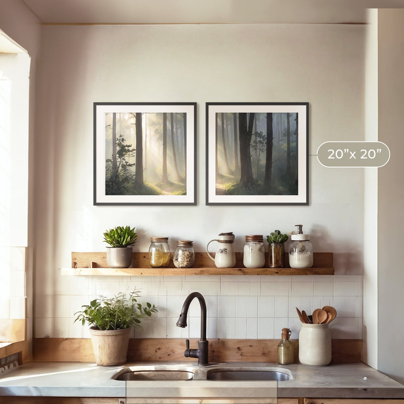 Sunlight Through a Misty Forest 2 Panel Set - Sage and Rose Prints
