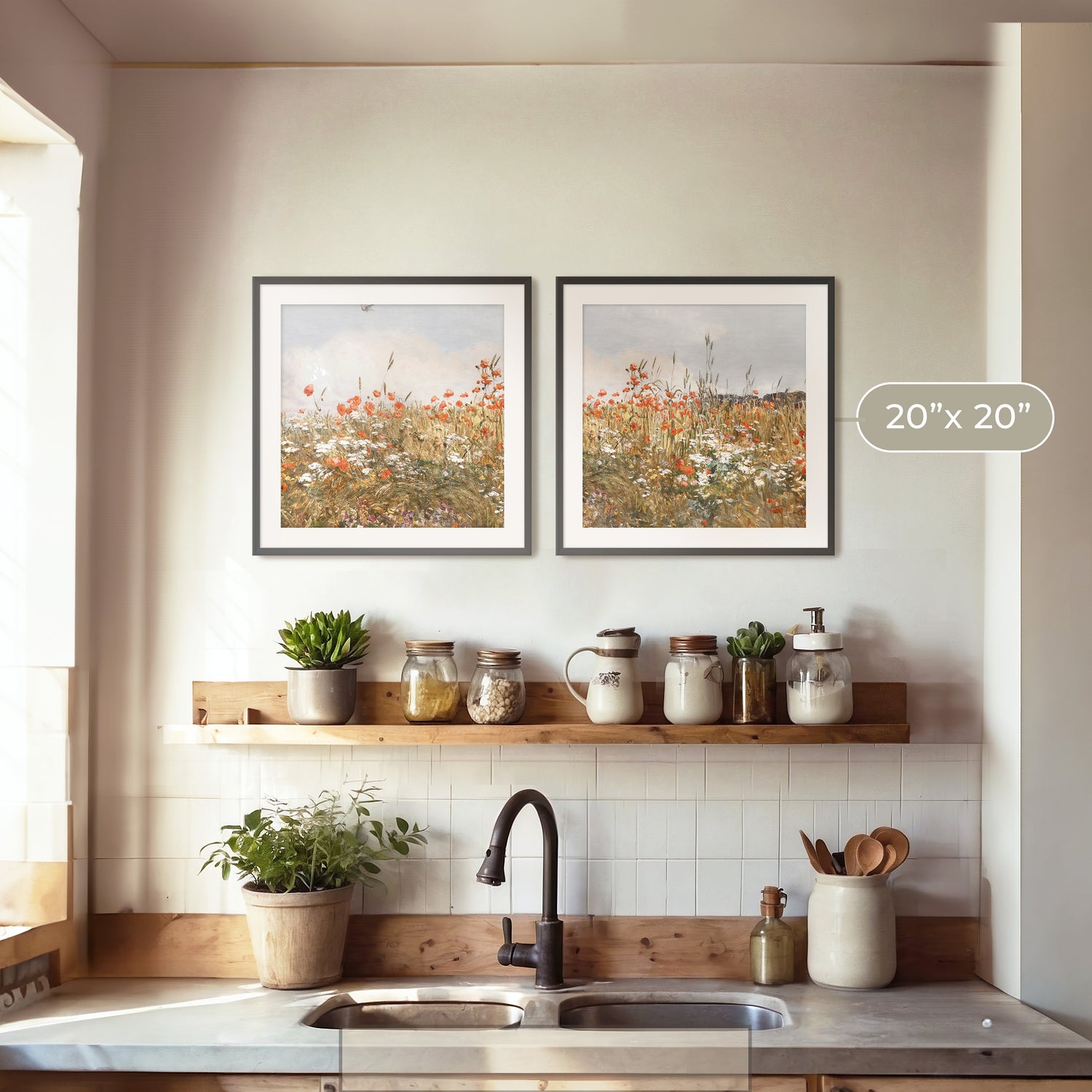 Poppies Spring Bloom Impressionist Painting 2 Piece Set - Sage and Rose Prints