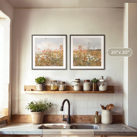 Poppies Spring Bloom Impressionist Painting 2 Piece Set - Sage and Rose Prints
