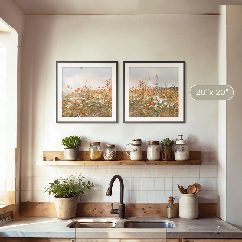 Poppies Spring Bloom Impressionist Painting 2 Piece Set - Sage and Rose Prints
