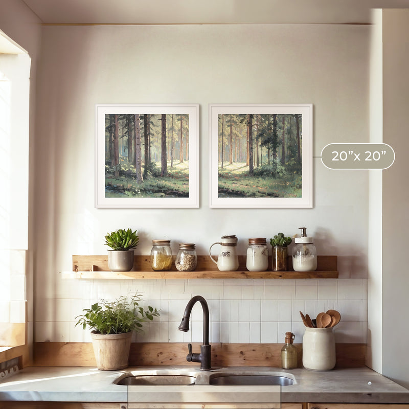 Sunny Forest Clearing Paintings 2-Panel Art Set - Sage and Rose Prints