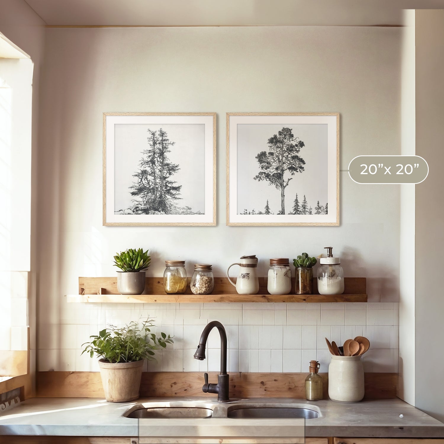 Black and White Trees 2 Panel Art Set - Sage and Rose Prints