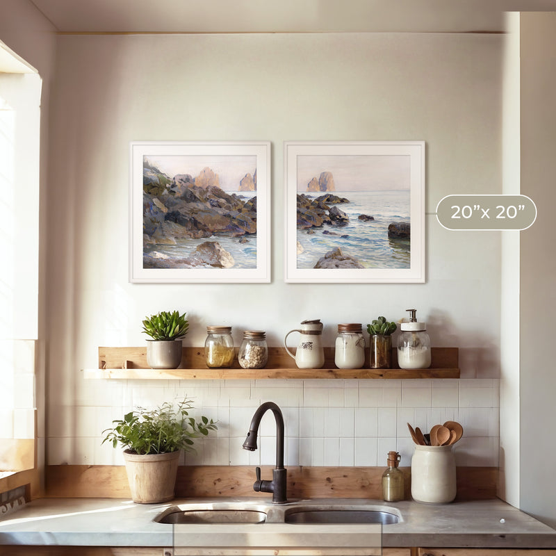 Seaside Sunrise with Coral Pink 2-Panel Set - Sage and Rose Prints