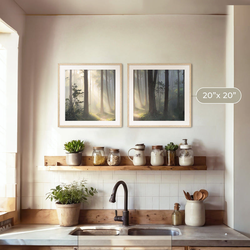 Sunlight Through a Misty Forest 2 Panel Set - Sage and Rose Prints