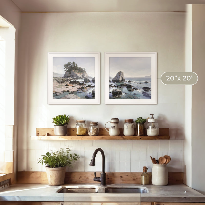 Rocky Beach Painting 2-Panel Art Set - Sage and Rose Prints