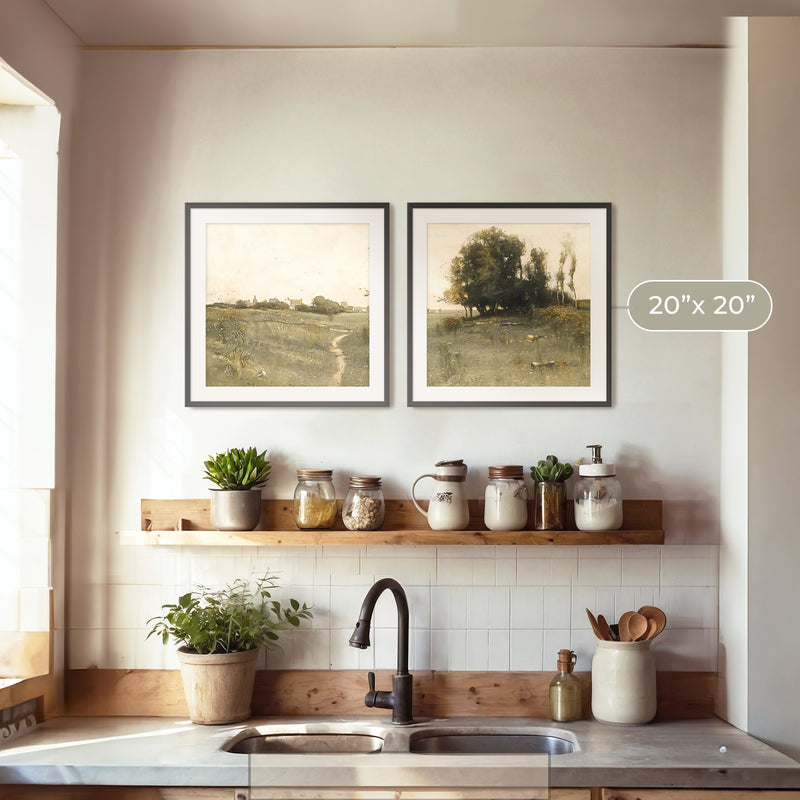 Muted Green Countryside Landscape 2 Piece Art Set - Sage and Rose Prints