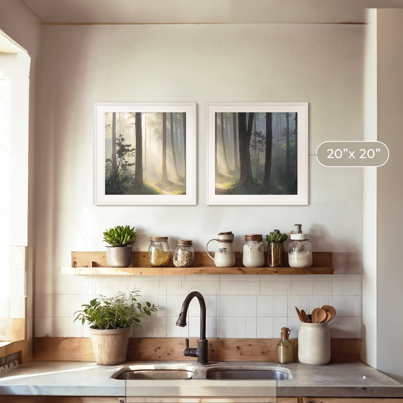 Sunlight Through a Misty Forest 2 Panel Set - Sage and Rose Prints