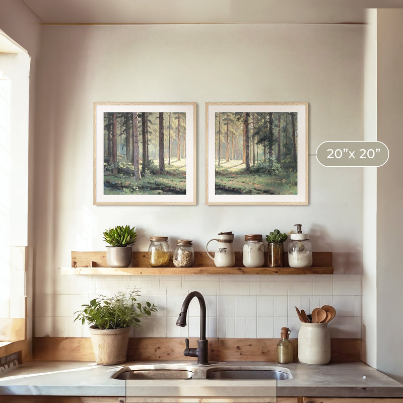 Sunny Forest Clearing Paintings 2-Panel Art Set - Sage and Rose Prints