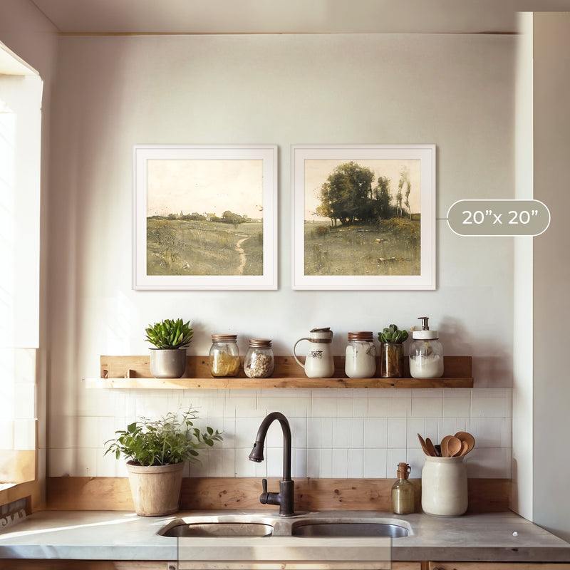 Muted Green Countryside Landscape 2 Piece Art Set - Sage and Rose Prints