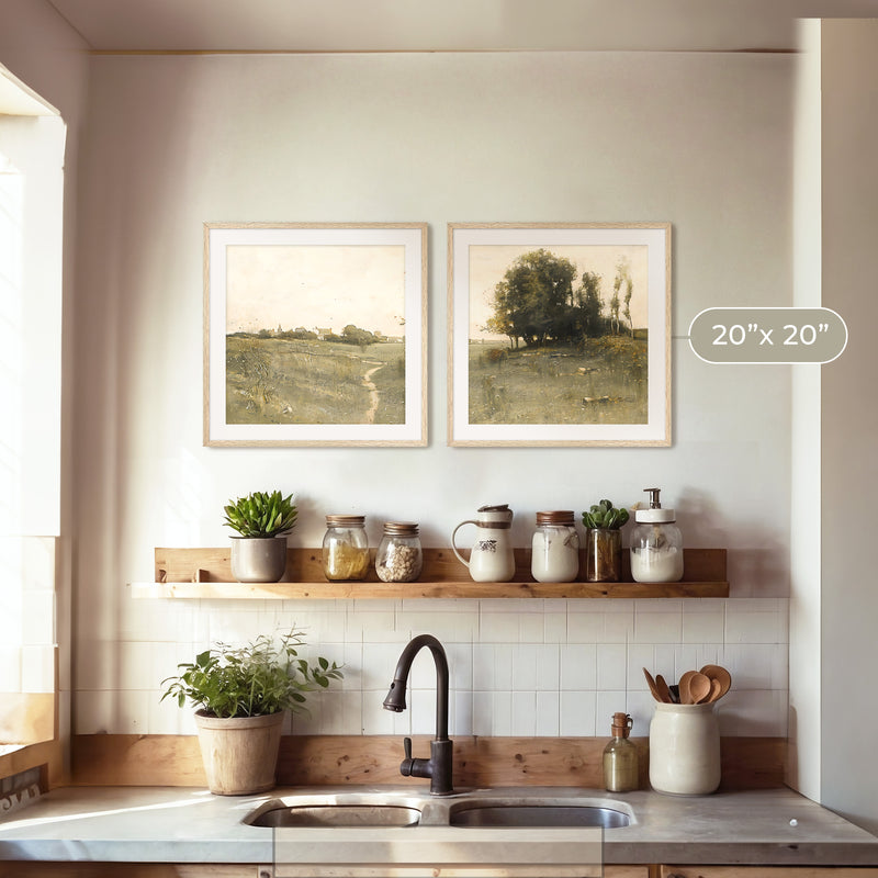 Muted Green Countryside Landscape 2 Piece Art Set - Sage and Rose Prints