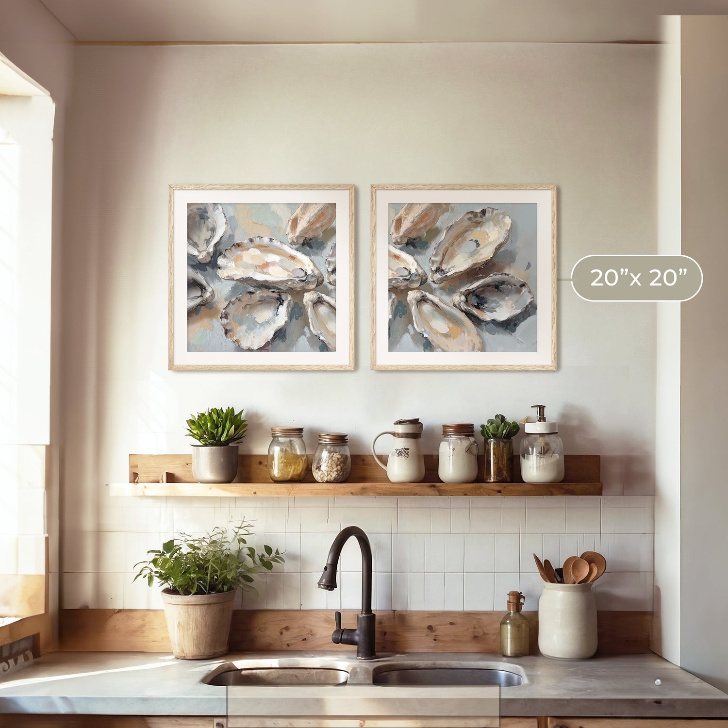 Oyster Shells Paintings 2-Panel Art Set - Sage and Rose Prints