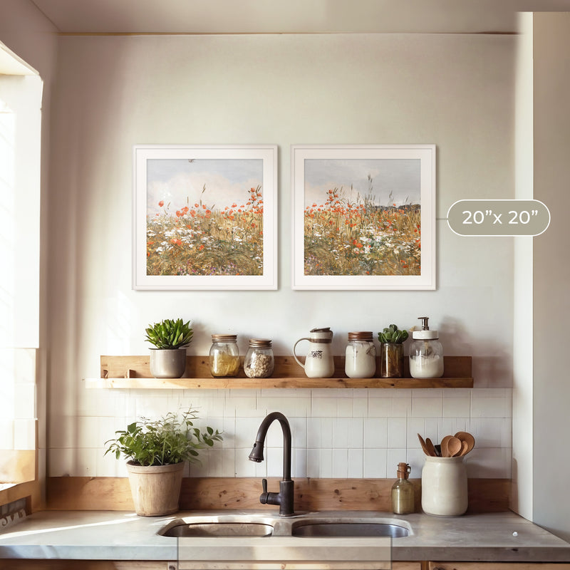 Poppies Spring Bloom Impressionist Painting 2 Piece Set - Sage and Rose Prints