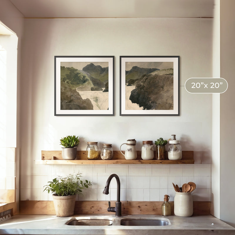 River Rapids Muted Watercolor 2-Panel Set - Sage and Rose Prints