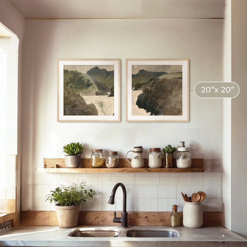 River Rapids Muted Watercolor 2-Panel Set - Sage and Rose Prints