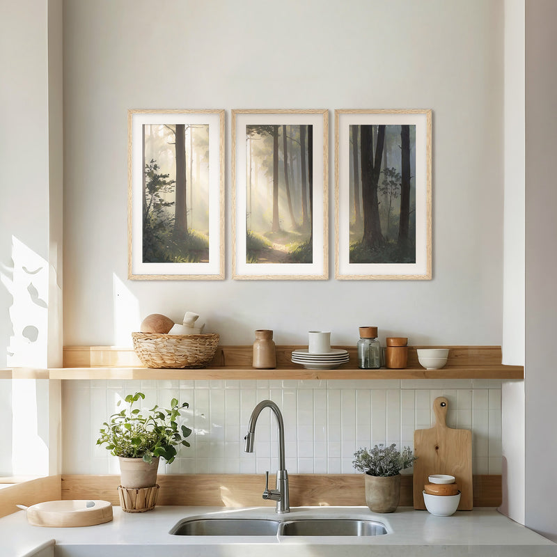 Sunlight Through a Misty Forest Triptych - Sage and Rose Prints