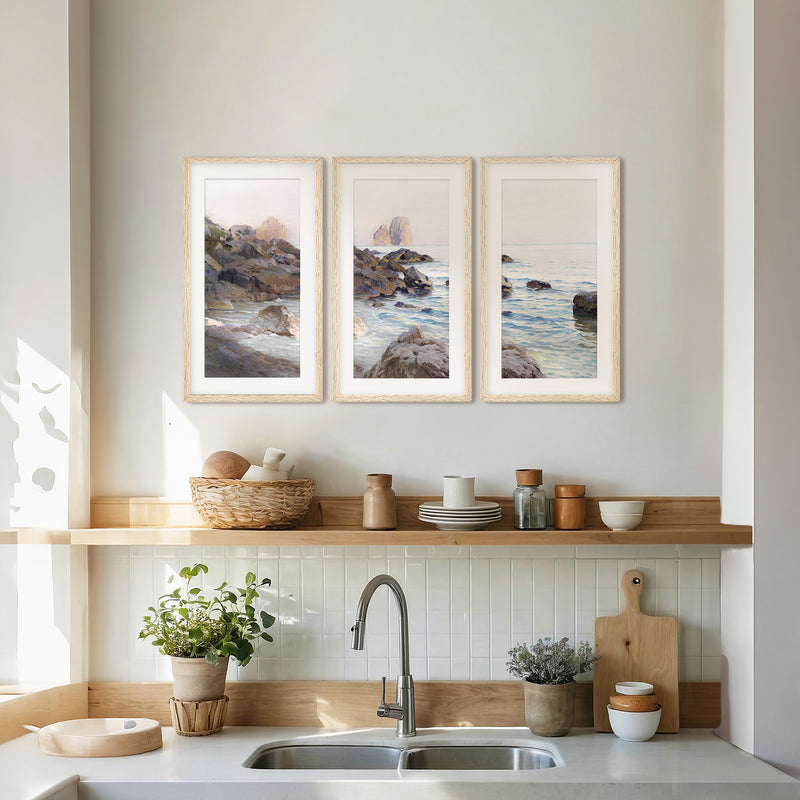 Seaside Sunrise with Coral Pink Triptych - Sage and Rose Prints