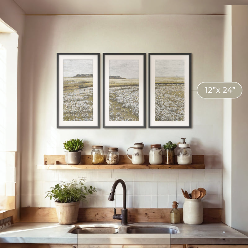 Flourishing Fields Landscape Triptych Painting - Sage and Rose Prints