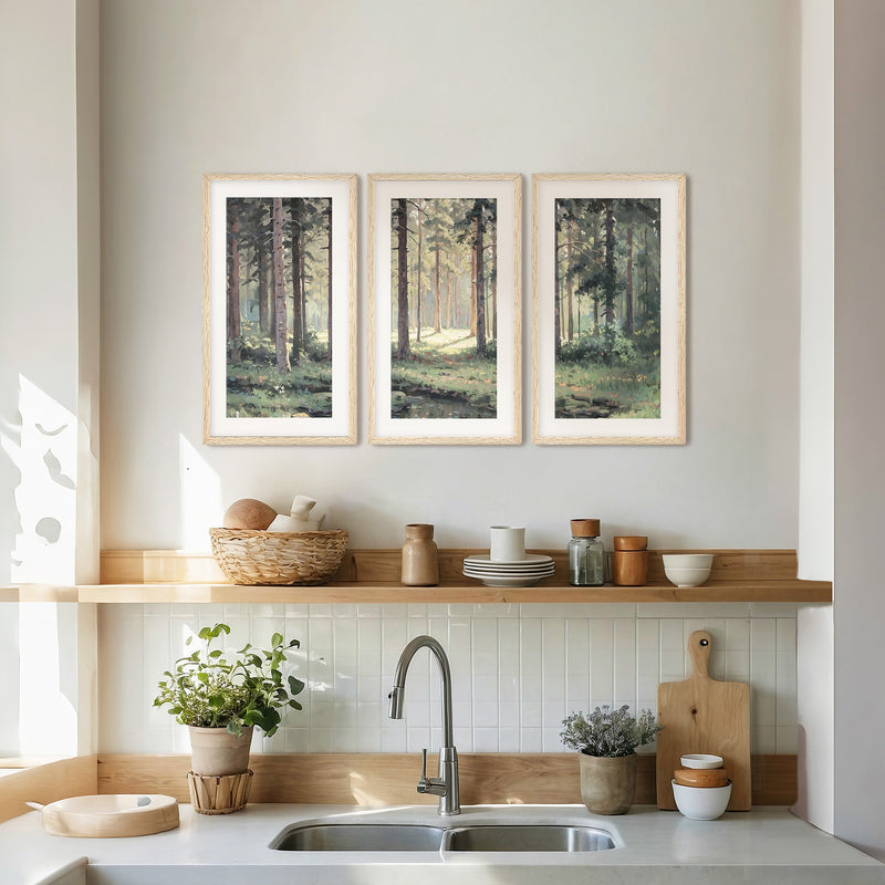 Sunny Forest Clearing Painting Triptych - Sage and Rose Prints
