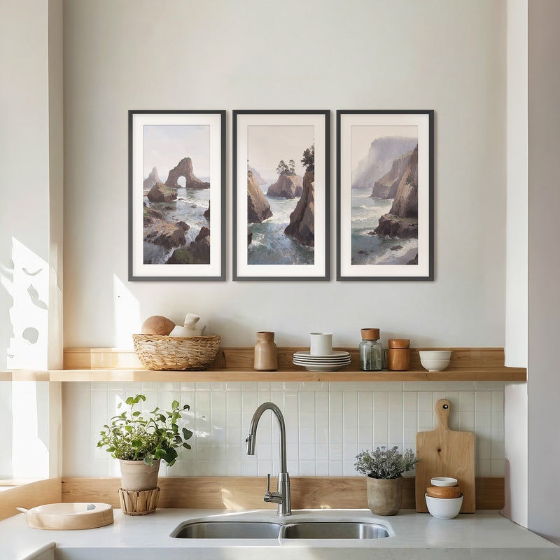 Misty Cliffs Painting Triptych - Sage and Rose Prints