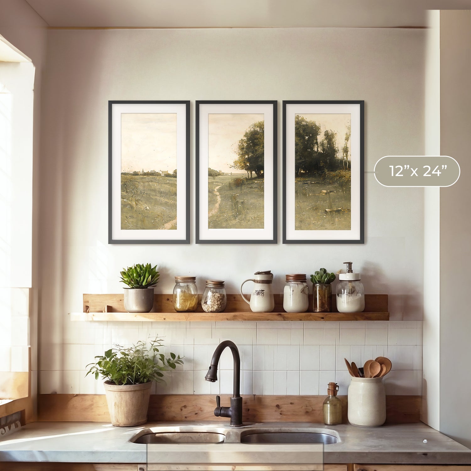 Muted Green Countryside Landscape Triptych - Sage and Rose Prints
