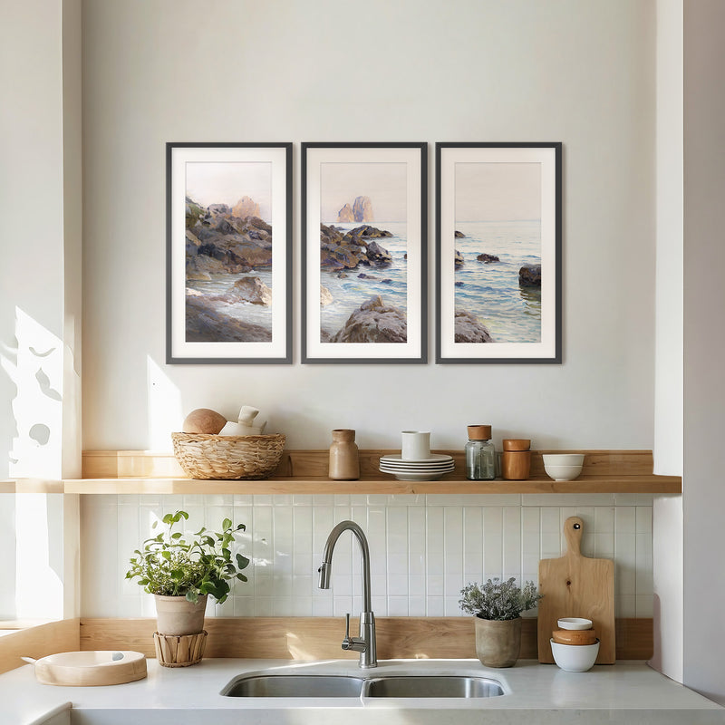 Seaside Sunrise with Coral Pink Triptych - Sage and Rose Prints