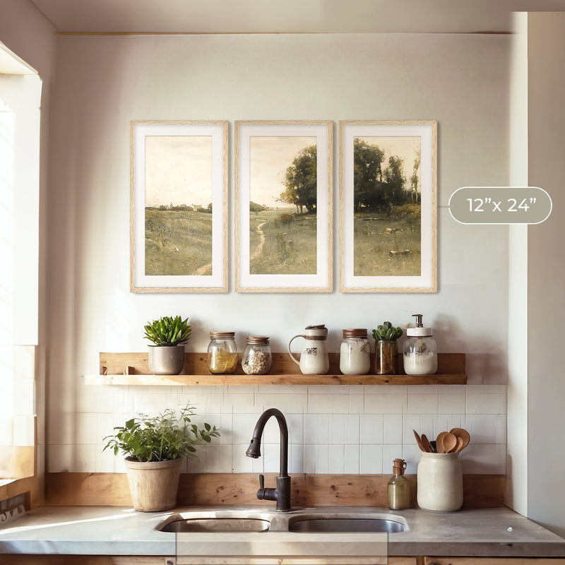 Muted Green Countryside Landscape Triptych - Sage and Rose Prints
