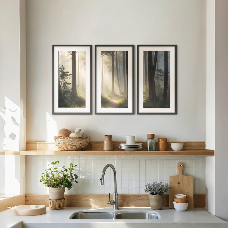 Sunlight Through a Misty Forest Triptych - Sage and Rose Prints