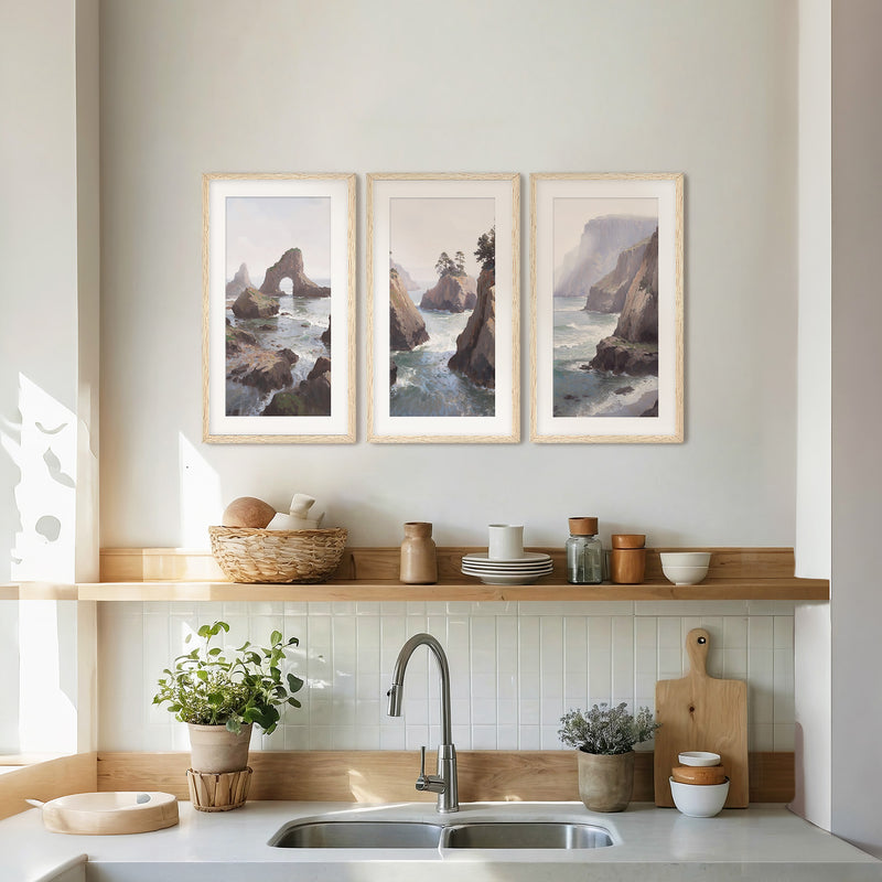 Misty Cliffs Painting Triptych - Sage and Rose Prints