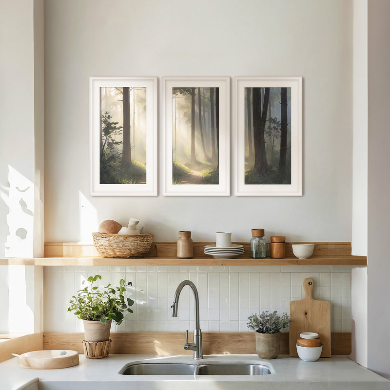 Sunlight Through a Misty Forest Triptych - Sage and Rose Prints