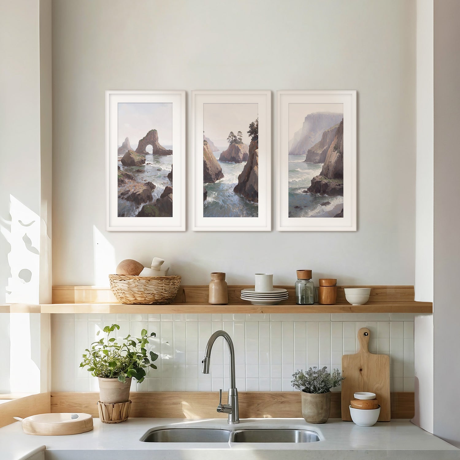 Misty Cliffs Painting Triptych - Sage and Rose Prints