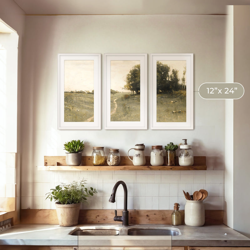 Muted Green Countryside Landscape Triptych - Sage and Rose Prints