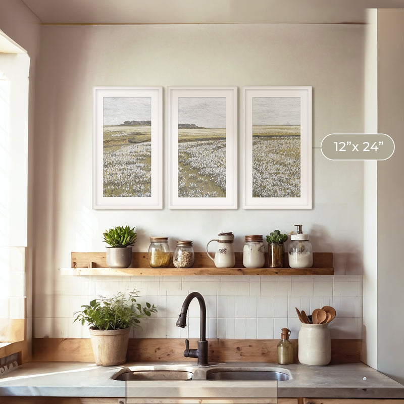 Flourishing Fields Landscape Triptych Painting - Sage and Rose Prints