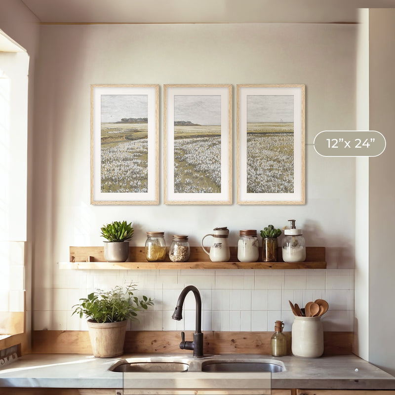 Flourishing Fields Landscape Triptych Painting - Sage and Rose Prints
