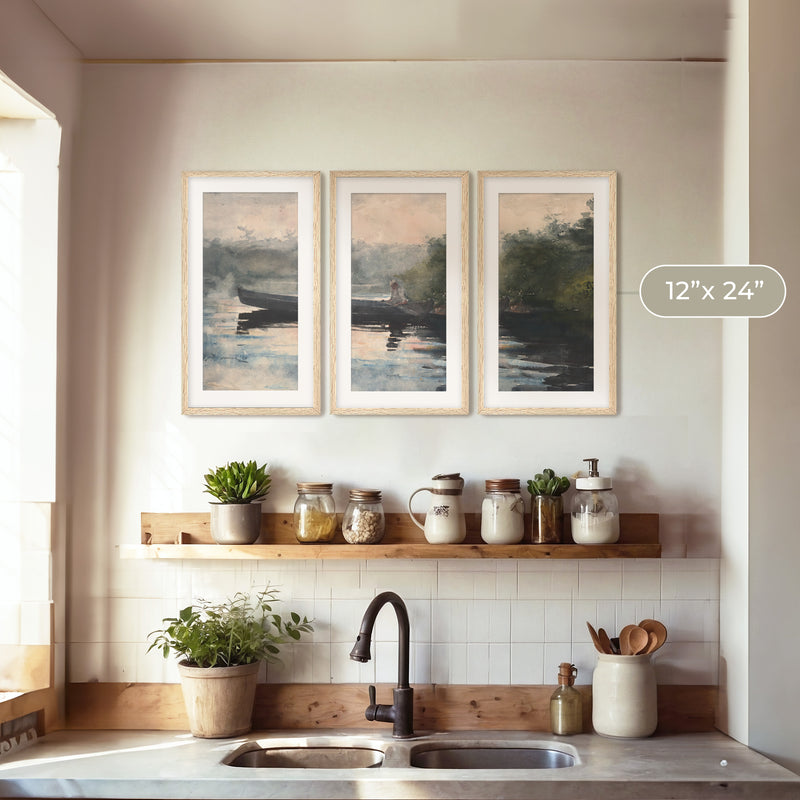 Muted Waters Fishing Watercolor Triptych - Sage and Rose Prints