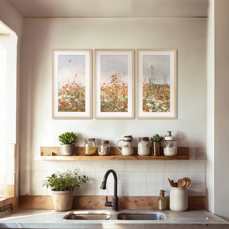 Poppies Spring Bloom Impressionist Painting Triptych - Sage and Rose Prints