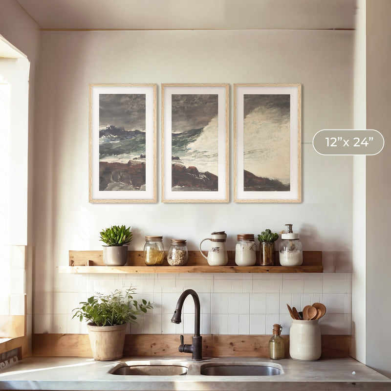 Moody Ocean in Shades of Pewter Triptych - Sage and Rose Prints