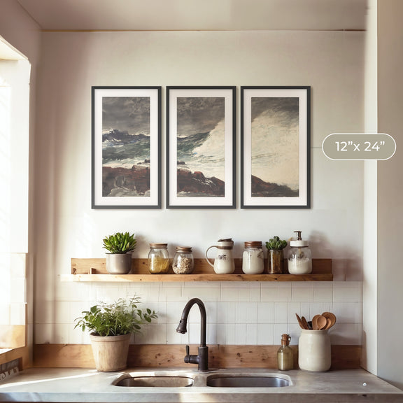 Moody Ocean in Shades of Pewter Triptych - Sage and Rose Prints
