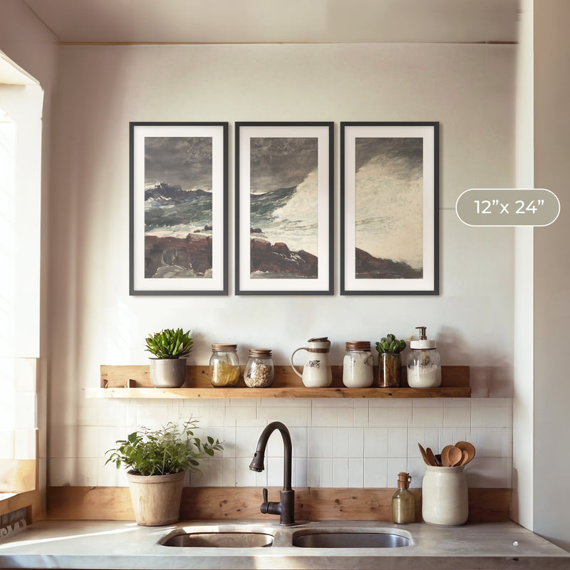 Moody Ocean in Shades of Pewter Triptych - Sage and Rose Prints