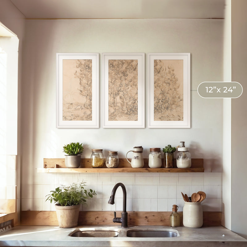 Vintage Drawing by Vincent Van Gogh Triptych - Sage and Rose Prints