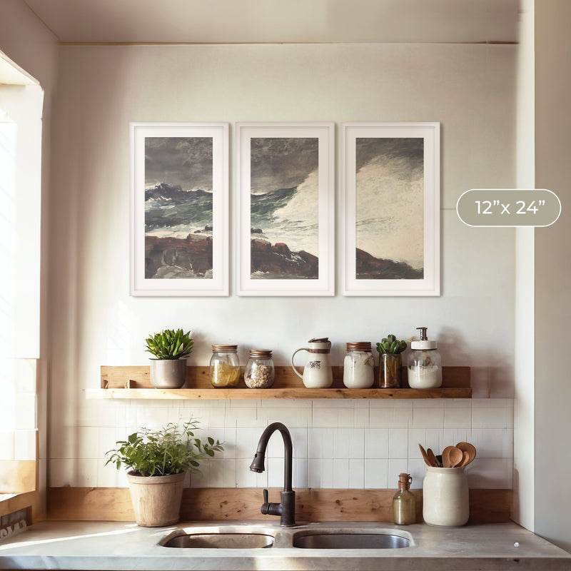 Moody Ocean in Shades of Pewter Triptych - Sage and Rose Prints