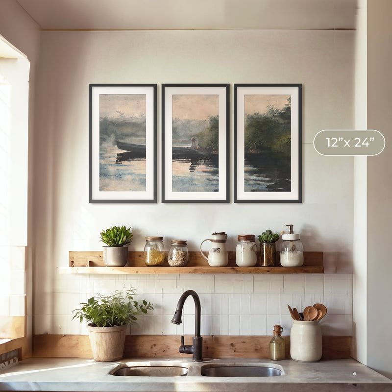 Muted Waters Fishing Watercolor Triptych - Sage and Rose Prints