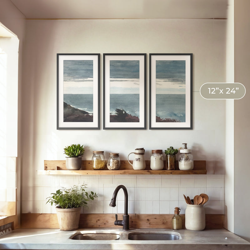 Slate Blue Seascape Painting Triptych - Sage and Rose Prints