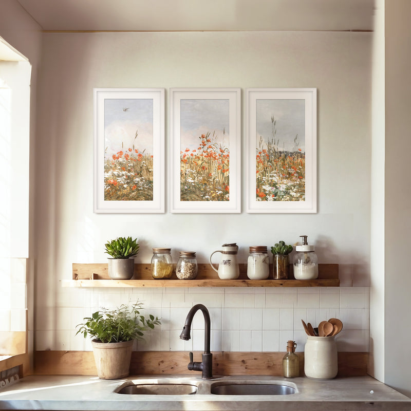 Poppies Spring Bloom Impressionist Painting Triptych - Sage and Rose Prints