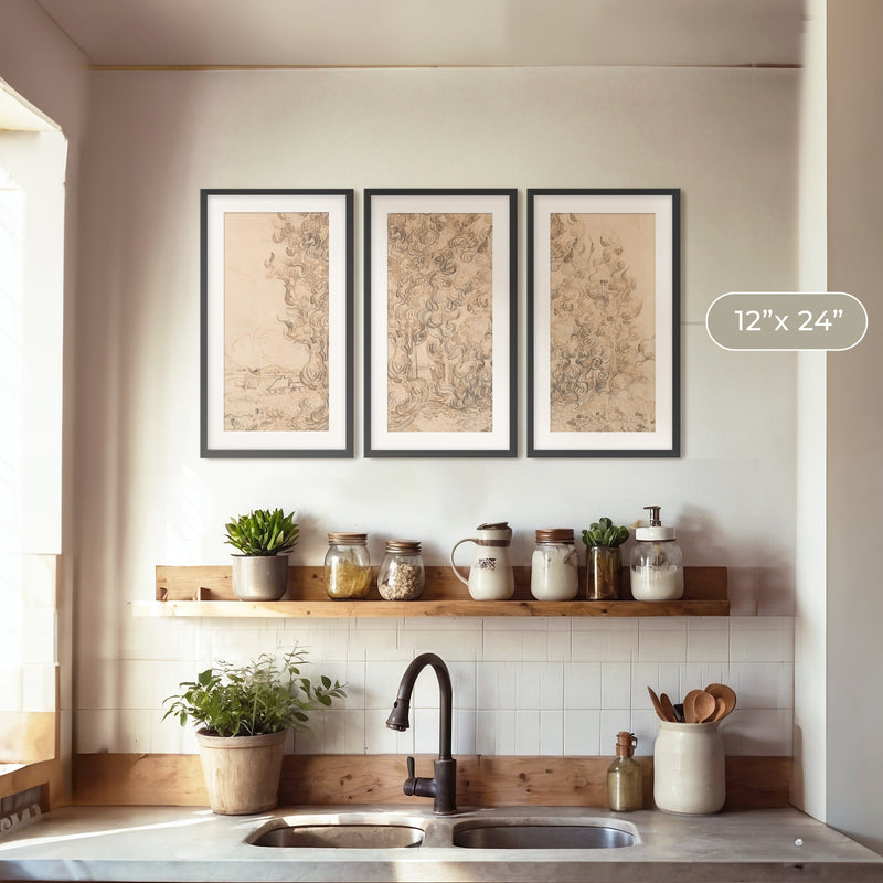 Vintage Drawing by Vincent Van Gogh Triptych - Sage and Rose Prints