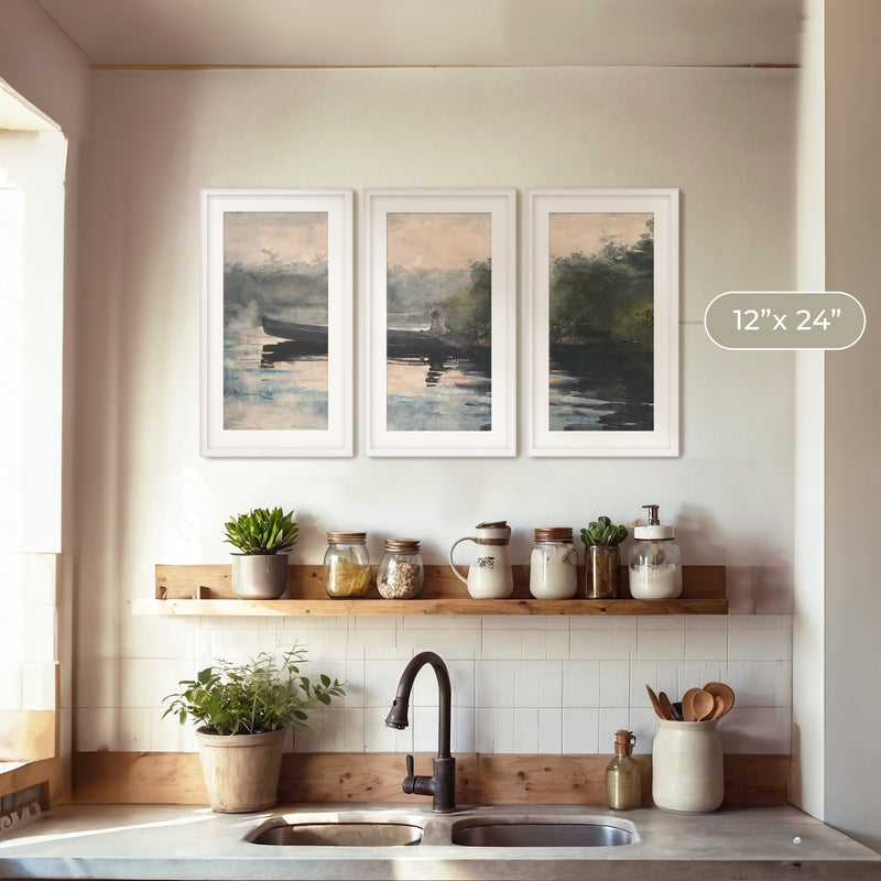 Muted Waters Fishing Watercolor Triptych - Sage and Rose Prints