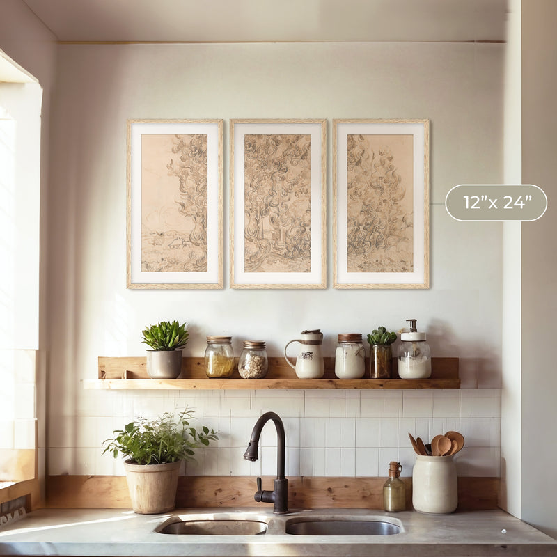 Vintage Drawing by Vincent Van Gogh Triptych - Sage and Rose Prints