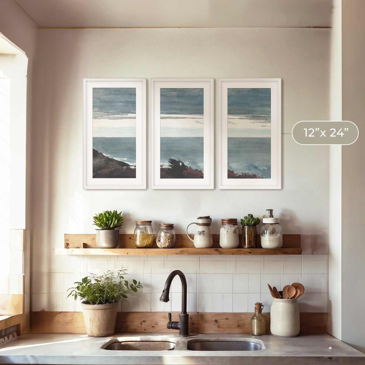 Slate Blue Seascape Painting Triptych - Sage and Rose Prints